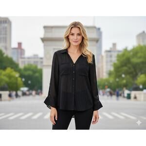 Express The Portofino Shirt Womens Medium Black Sheer Stripe Slim Fit Roll Tab